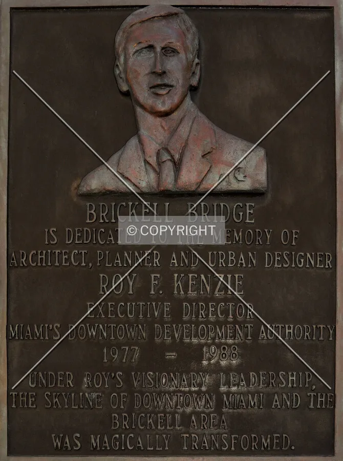View of bronze memorial plaque on the west side of the bridge