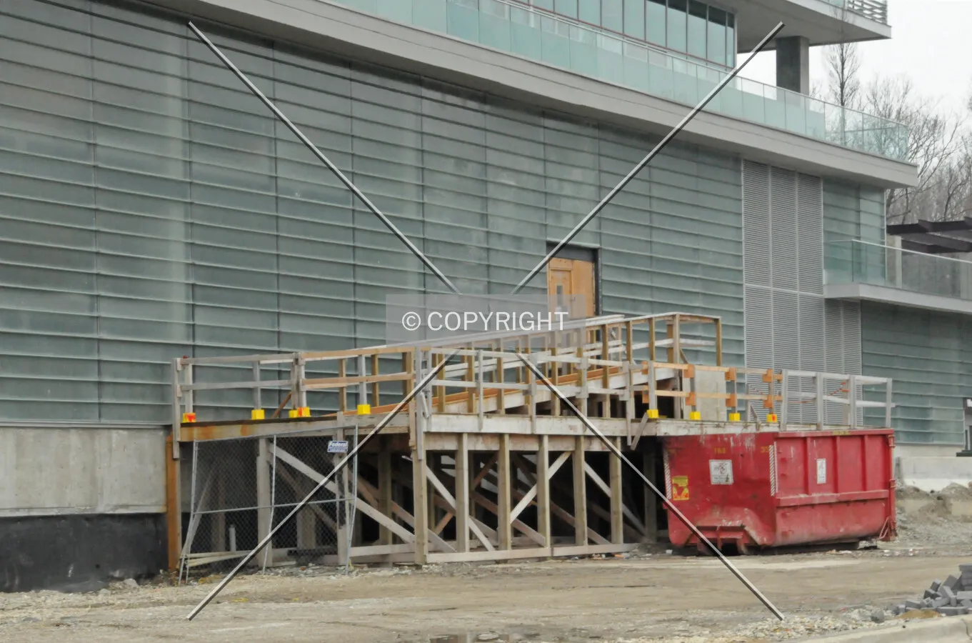 Construction entrance and temporary ramp on the north side of the Maple Tower