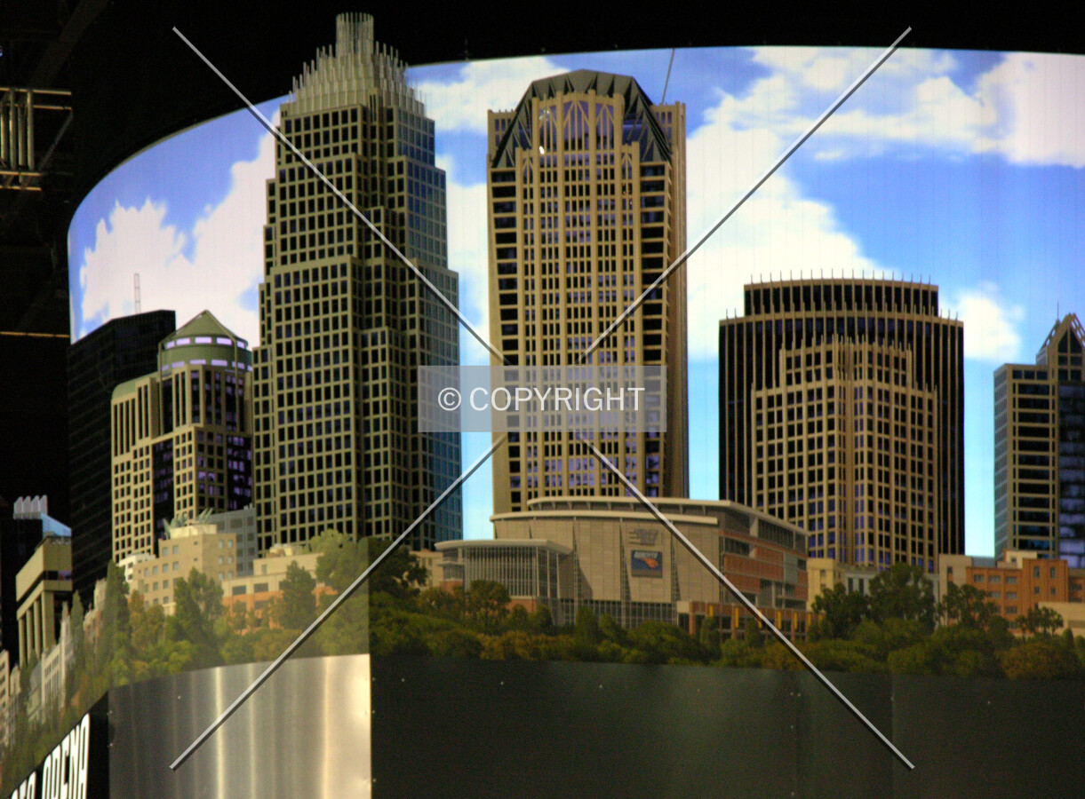 Detail of a portion of the scale model of the Charlotte skyline atop the scoreboard
