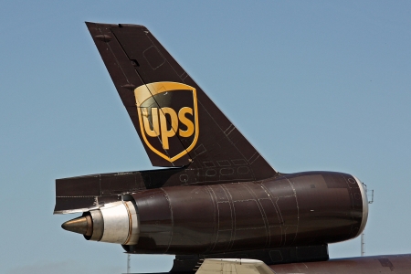 Wing on a UPS cargo plane