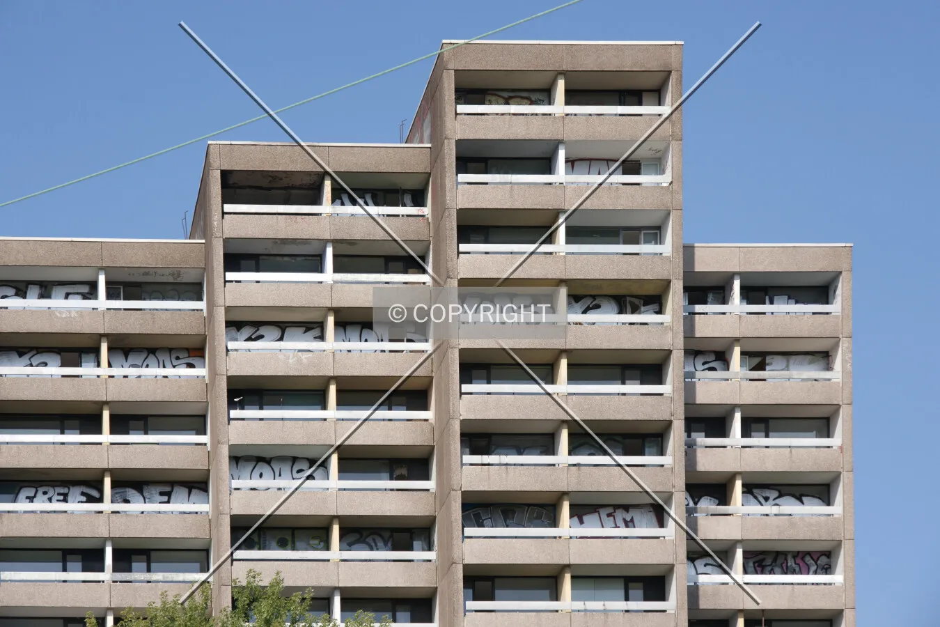 Residential high-rise building and balconies