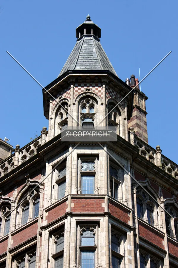 Looking up at the top of the corner turret