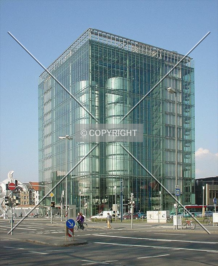 Side view of the glass facade from nearby main train station
