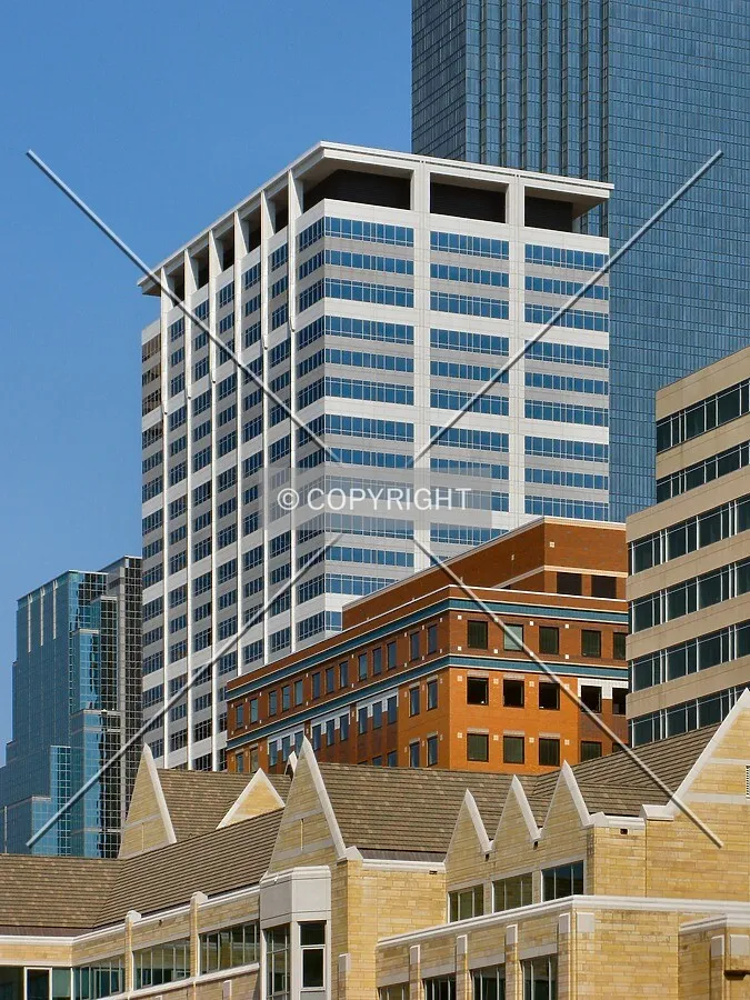 View to the northeast from the University of St. Thomas Minneapolis campus, beyond Target Plaza North and Retek on the Mall, with the IDS Tower rising behind