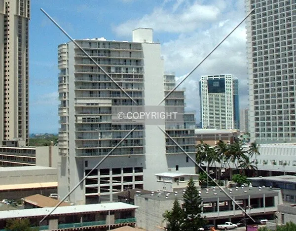 View to the west from the Hawaii Convention Center Rooftop Gardens, Hawaiki Tower in the distance