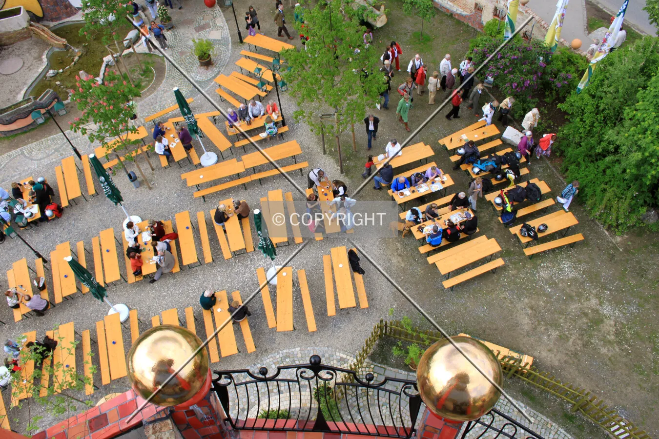 Beer garden viewed from the top of the tower