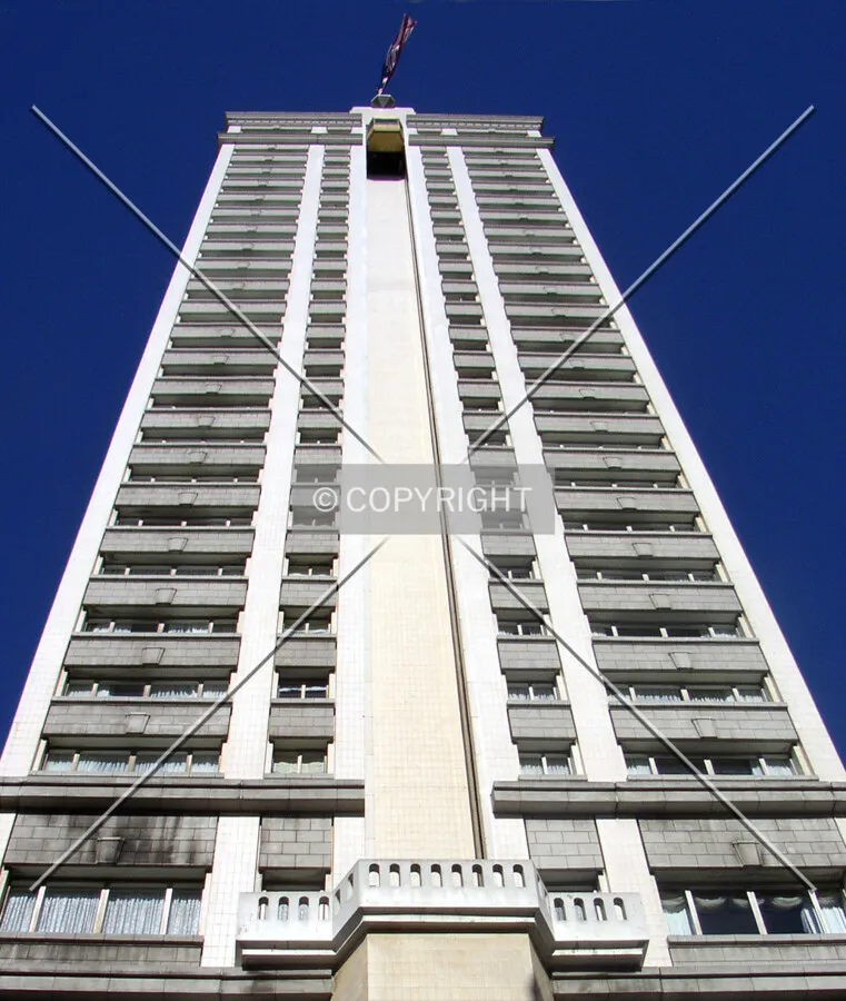 Looking up the eastern facade from Powell Street