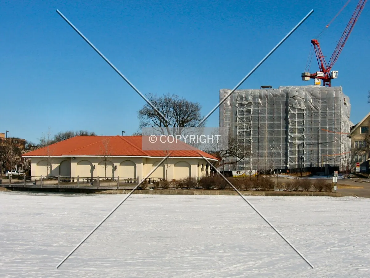 View to the east from a frozen Lake Calhoun, with the Lake Calhoun Boathouse