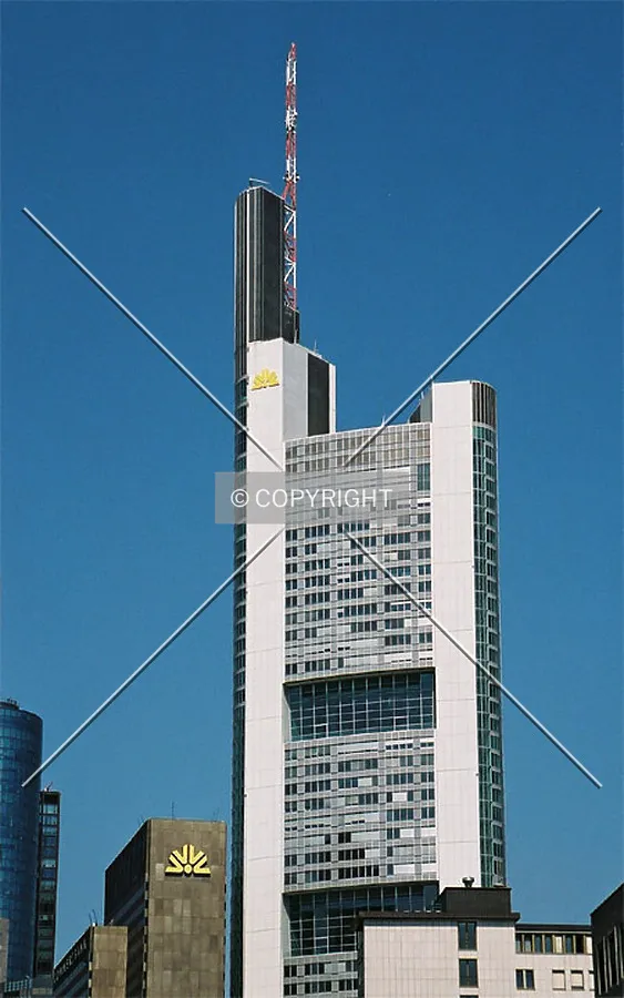 Top of the building; as seen from Neue Mainzer Straße at Main river shore