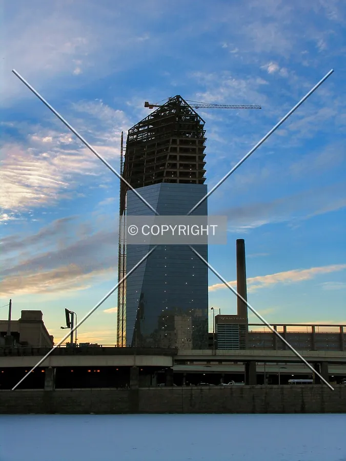 From the east, standing above the frozen Schuylkill River at sunset