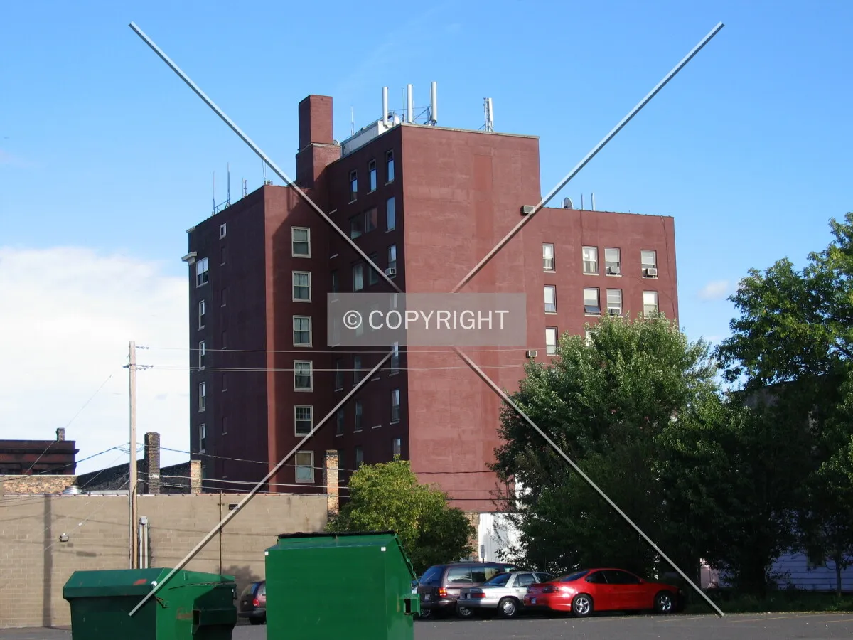 Rear facades with penthouse visible