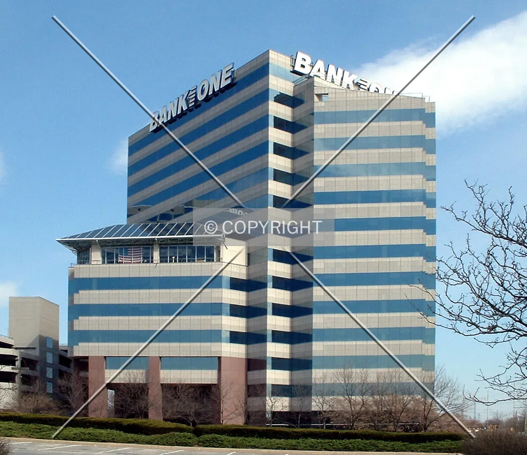 Vintage view from the northwest showing the former Bank One sign