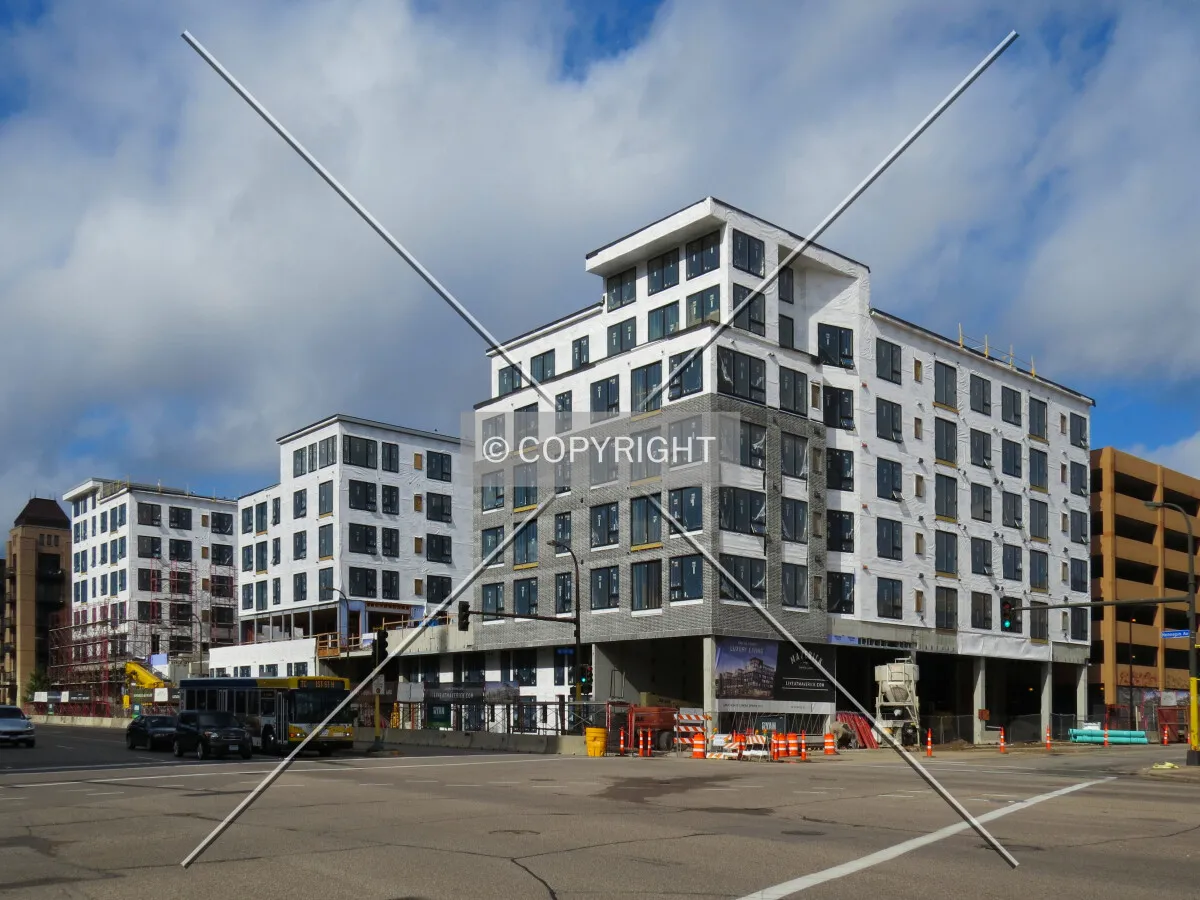 View to the southwest across Hennepin Avenue & 1st Street