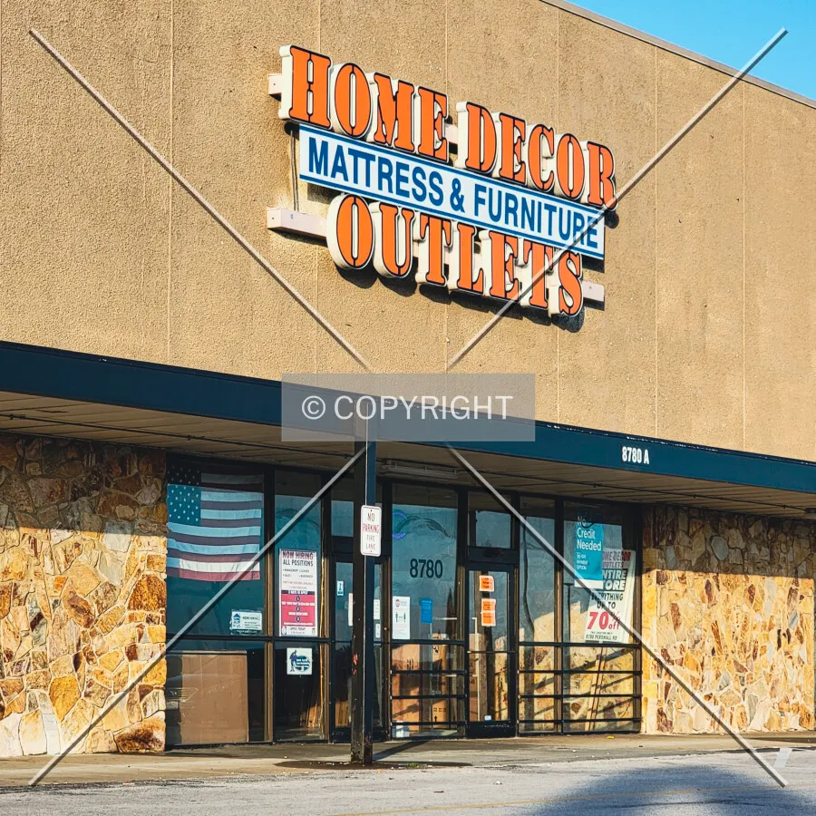 Home Decor Outlets sign and entrance; June 29, 2021