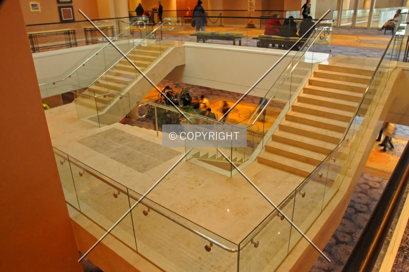 Stairway inside the convention center, looking down from the second floor