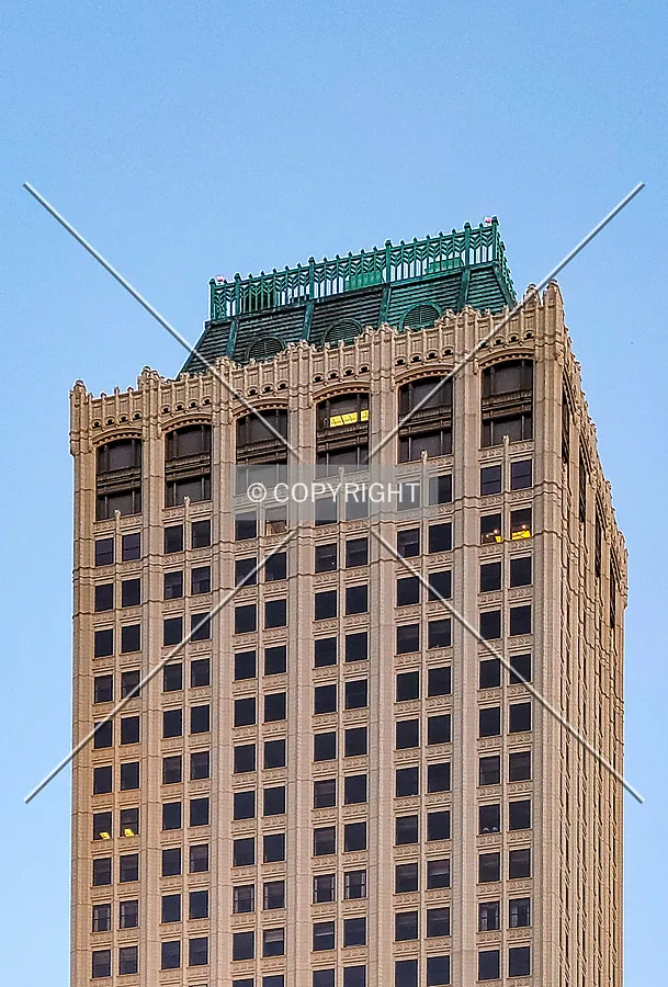 Early evening view of the upper floors from the northwest; April 2, 2021