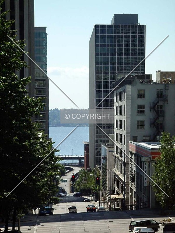 View down the street towards Seattle's first modern day glass tower, designed by SOM