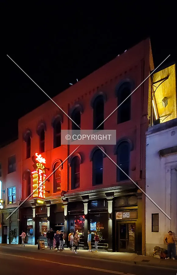 East façade at night; December 26, 2021