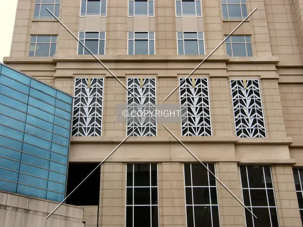 Decorative screening on parking levels, from Washington Street