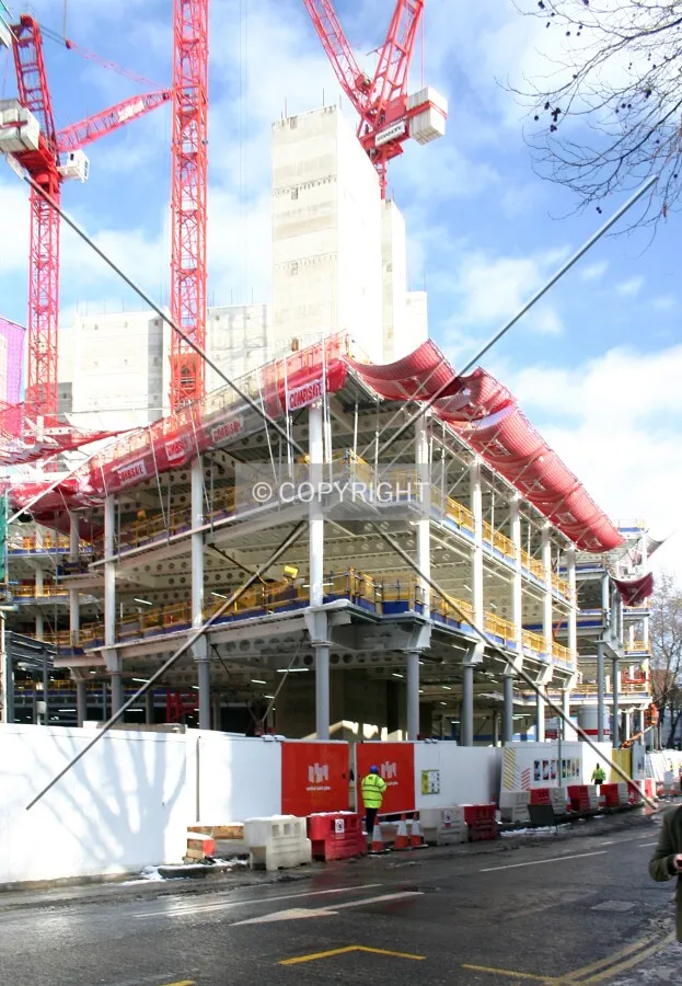 View east of the frame and cores from St. Giles High Street