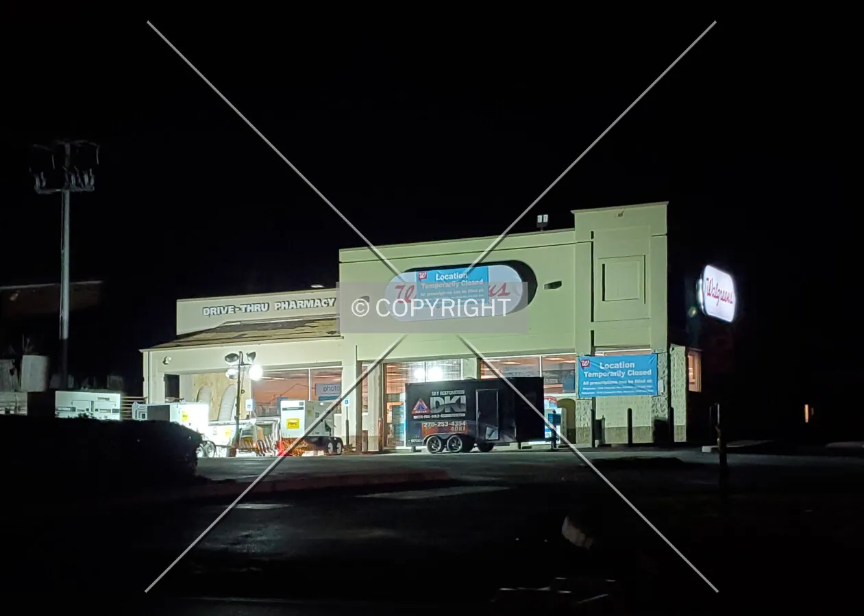 Southeast view at night, four days after being damaged by a tornado; March 6, 2020