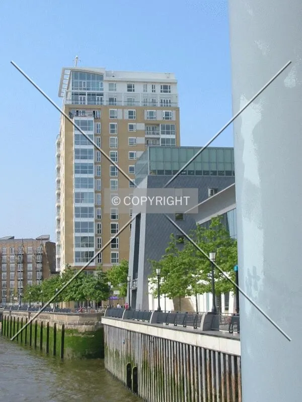 Looking north from a riverside promenade