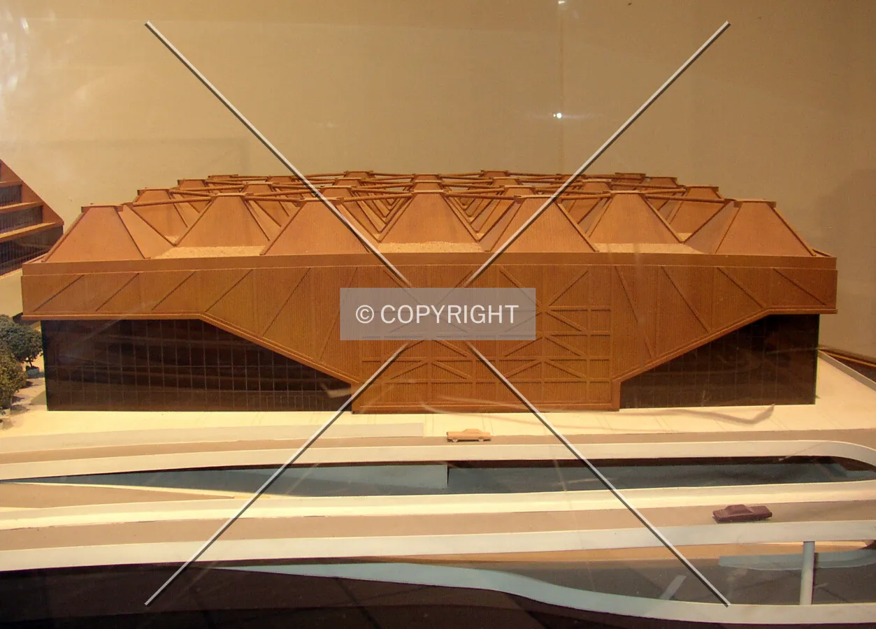 View of the arena's eastern elevation on a model inside the CNN Center