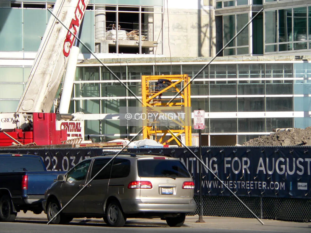 A recently lowered section of tower crane