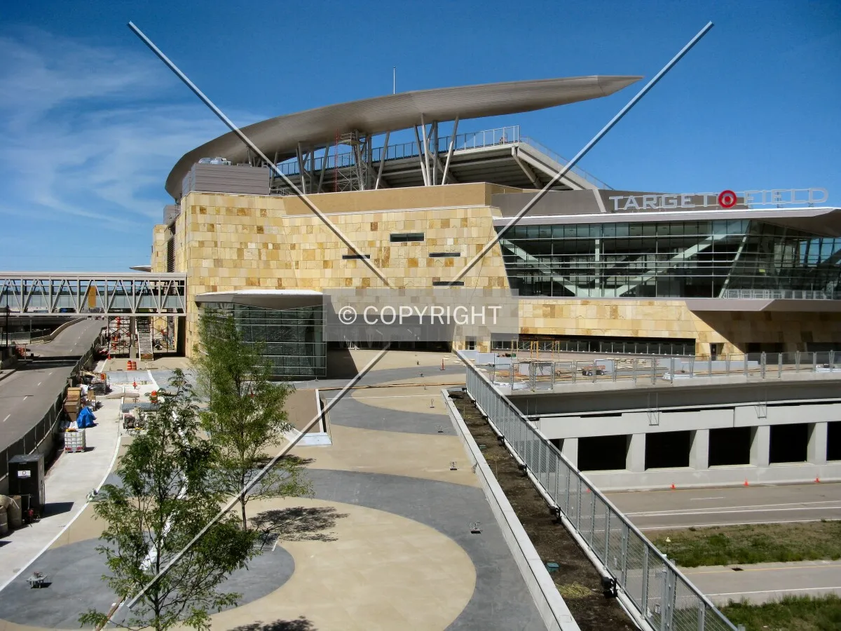 View from the 2nd Avenue North skyway over the south pedestrian plaza toward the right field corner