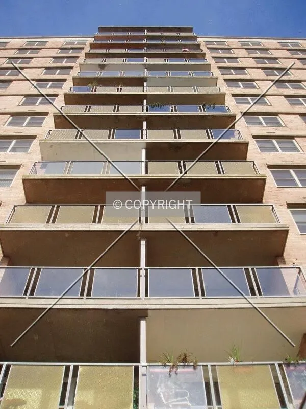 Looking up below the southern balconies on the east side