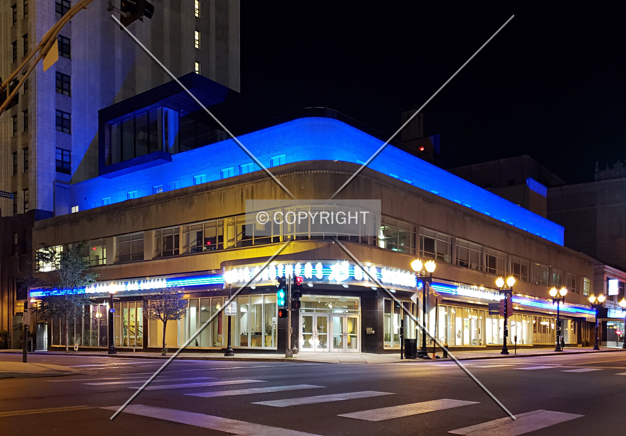 Night view from the southeast; June 7, 2018