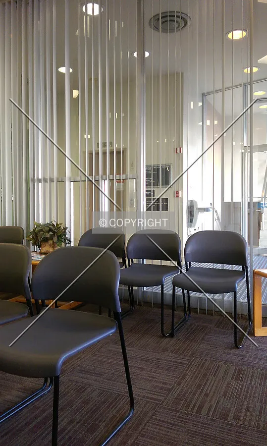 Looking out towards the main lobby from a first floor doctor's office; September 29, 2014
