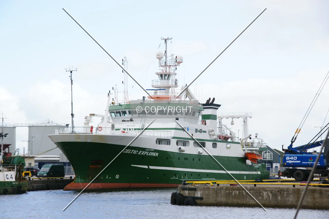 The Celtic Explorer is lying in a harbor