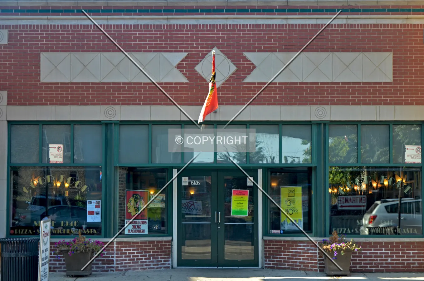 Main entrance and facade detail; July 29, 2013.