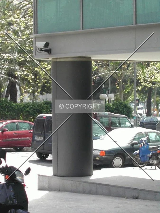 View of a building column and a security camera