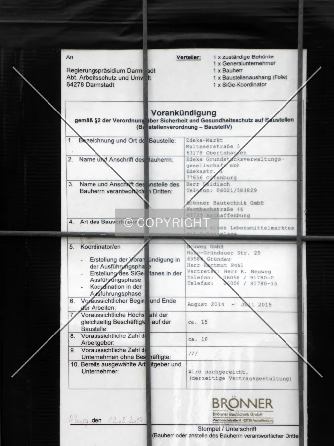 Construction permit sign for the upcoming Edeka supermarket in Obertshausen