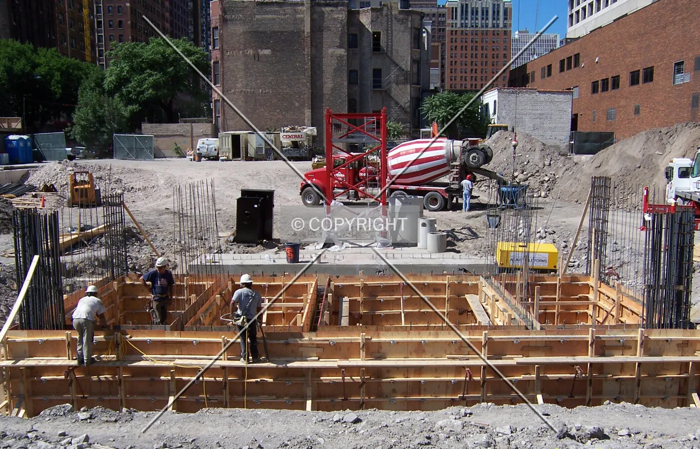 Bases of the tower crane and elevator core from the south