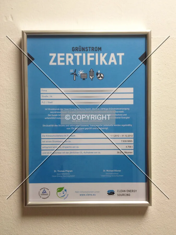 Green power certificate demonstrating that this building is consuming power which has been gained through environmental-friendly methods