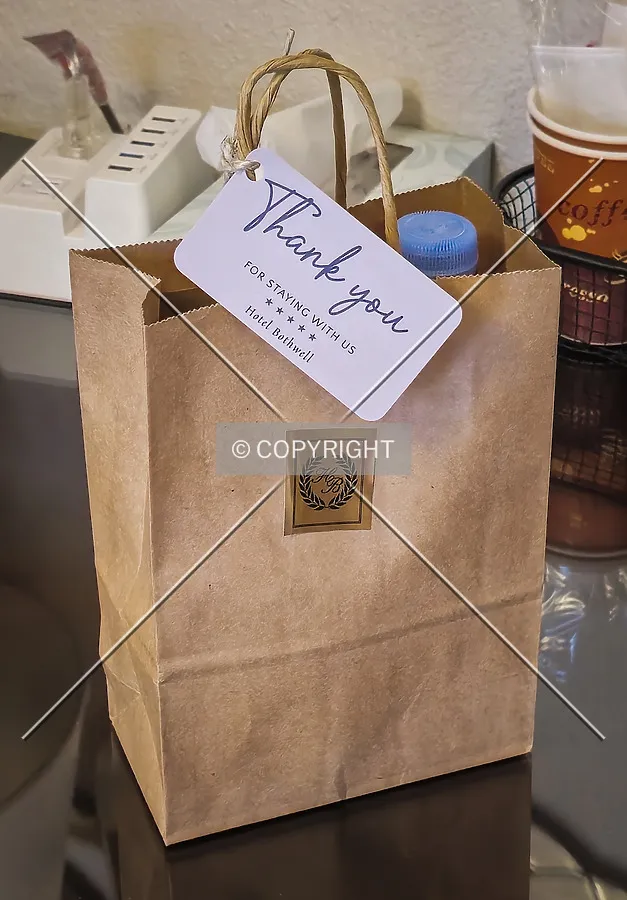A goodie bag received at check-in; March 28, 2025