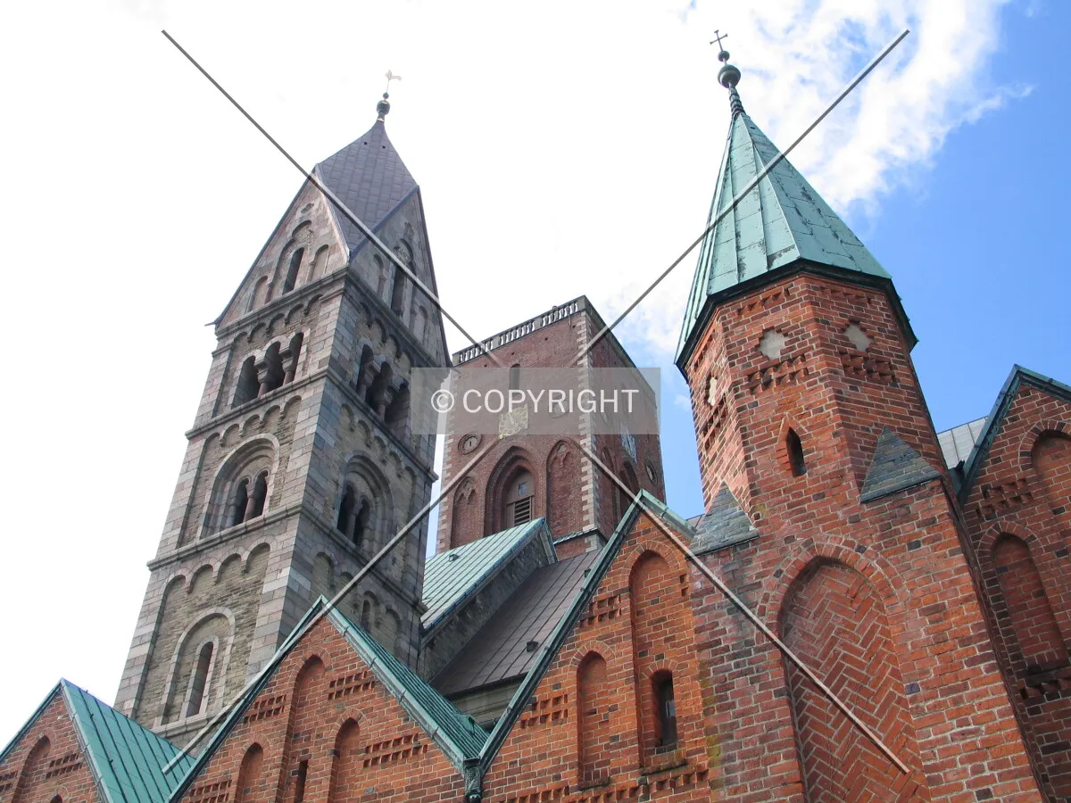 View from the southeast of the two main towers of the church