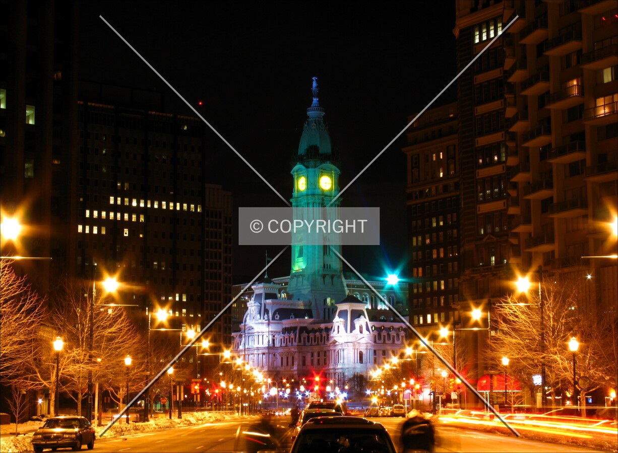From the northwest on the Ben Franklin Parkway, lit in green in support of Eagles football