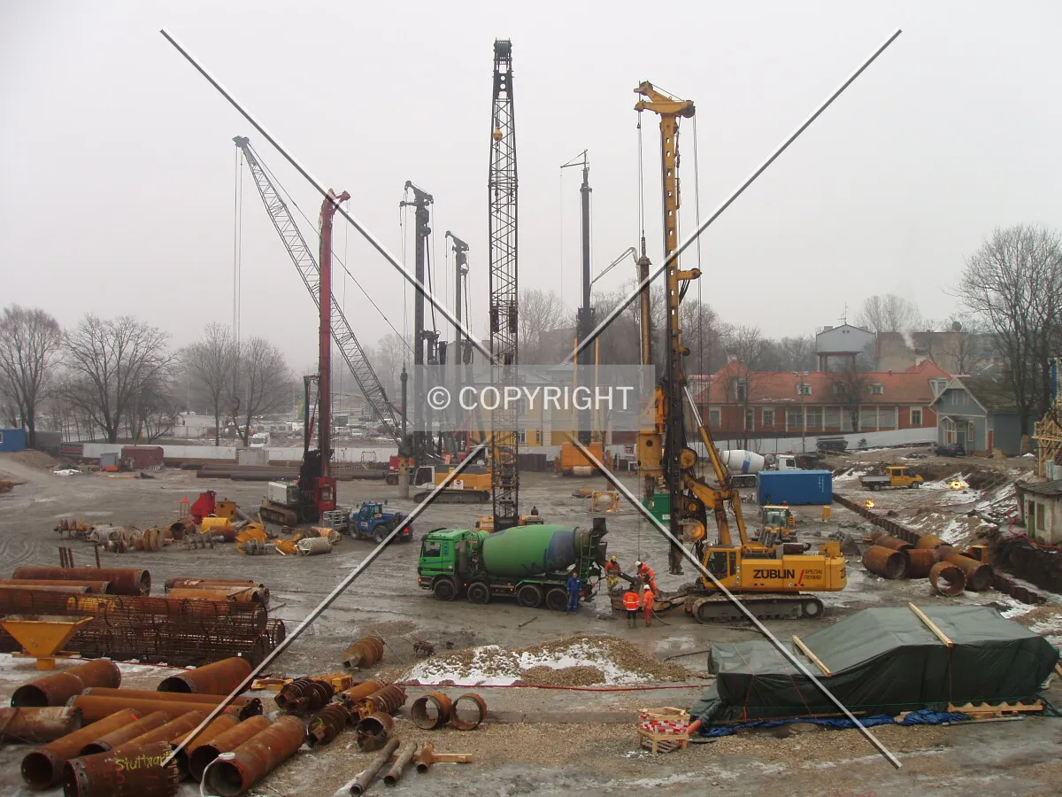 View form Kalnciema Street of pile-drivers in progress