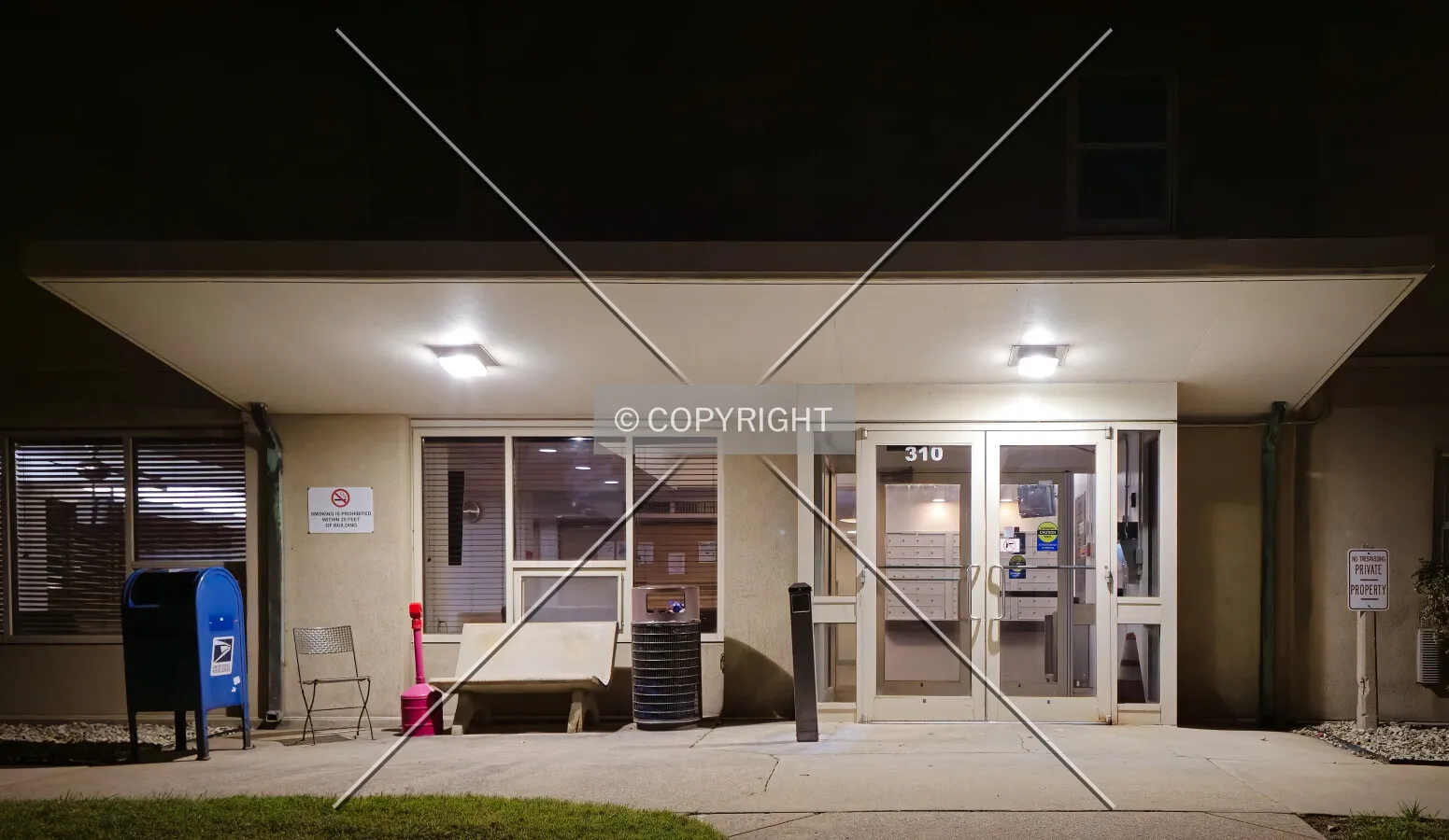 Entrance at night; November 17, 2024