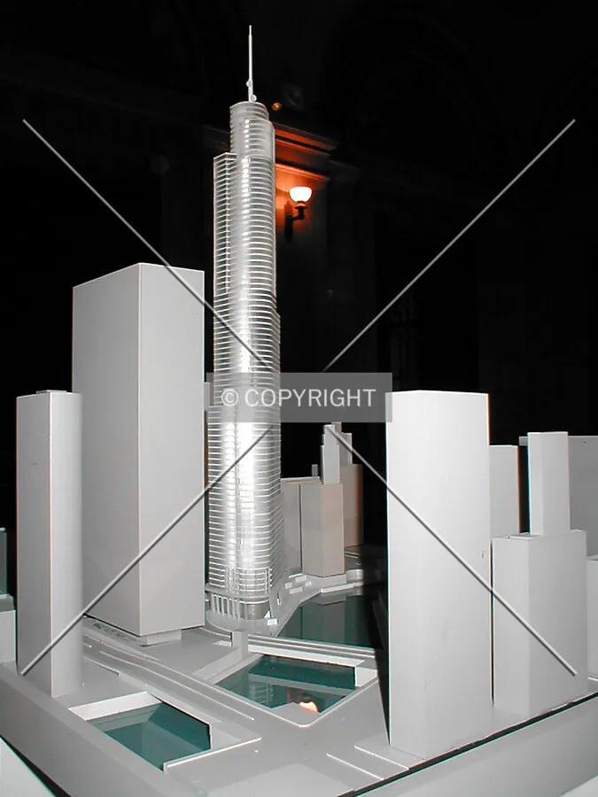 Brendan Gibbons of SOM Design Team model of Trump Tower Chicago - Wacker Drive view