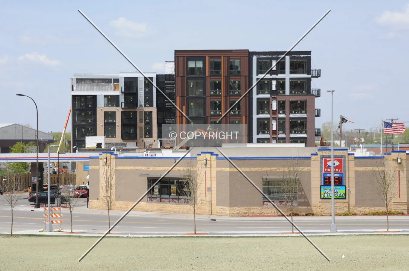 Facade nearing completion, seen from The Interchange
