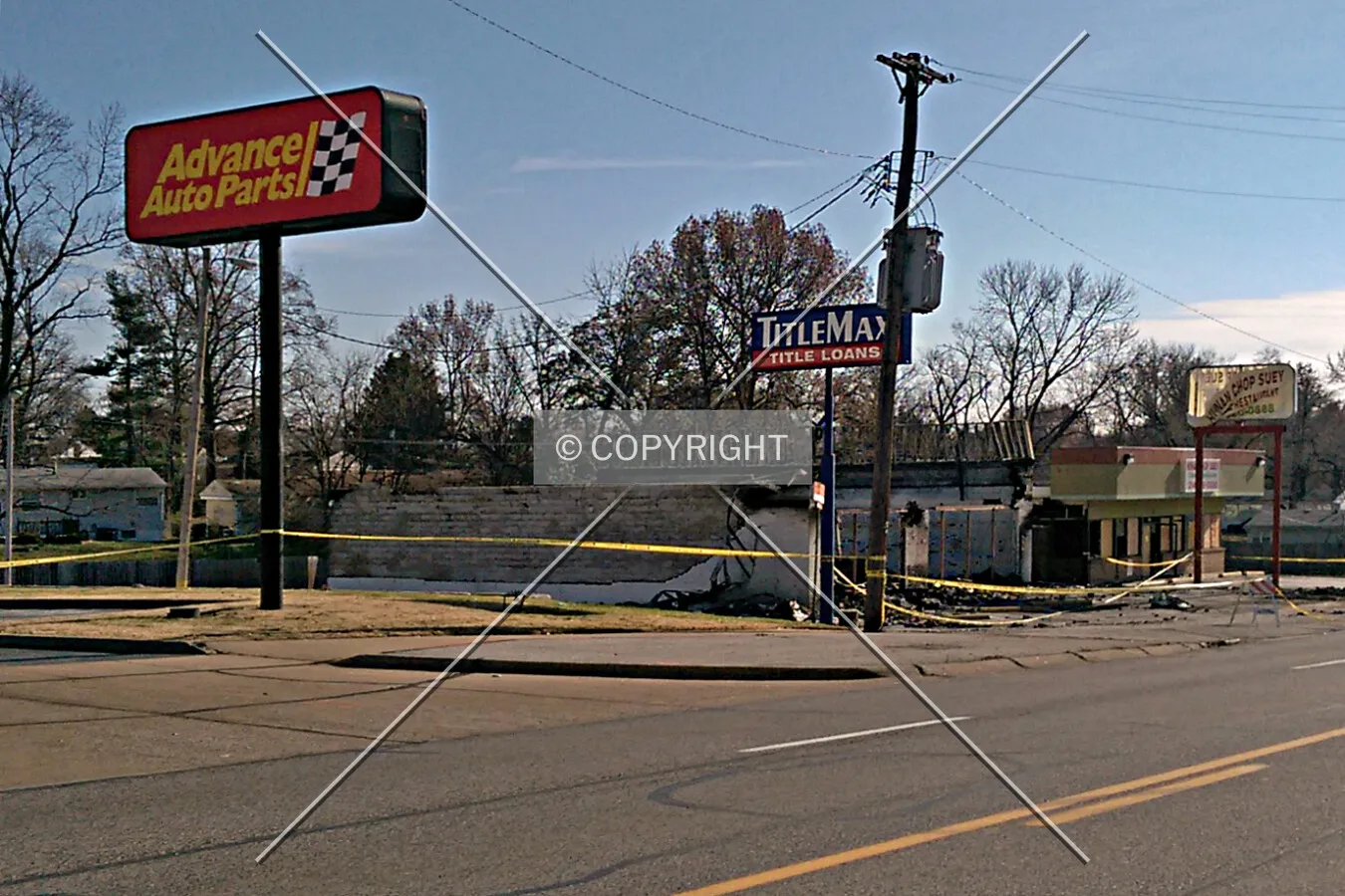Northwest view after being burned during the Michael Brown protests; November 29, 2014