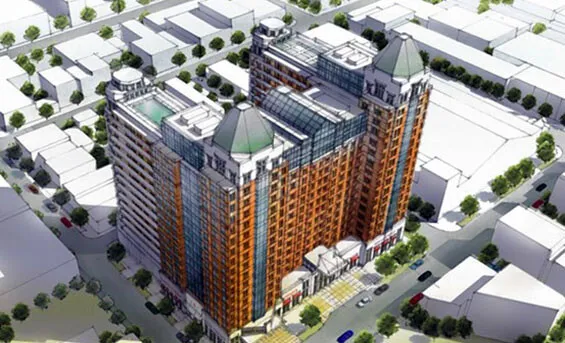 Rendered view from the southwest above Montgomery Street