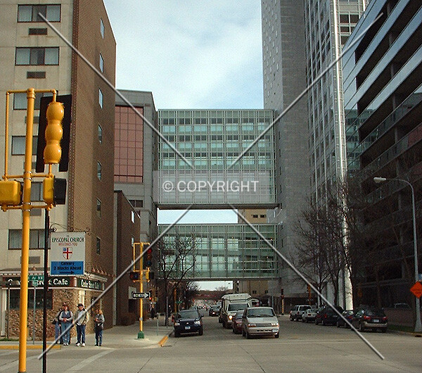 View to the east along Center Street, showing 7-level skyway