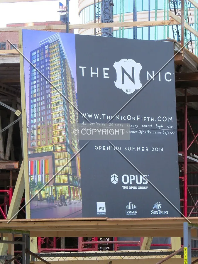 Construction placard above Nicollet Mall & 5th Street