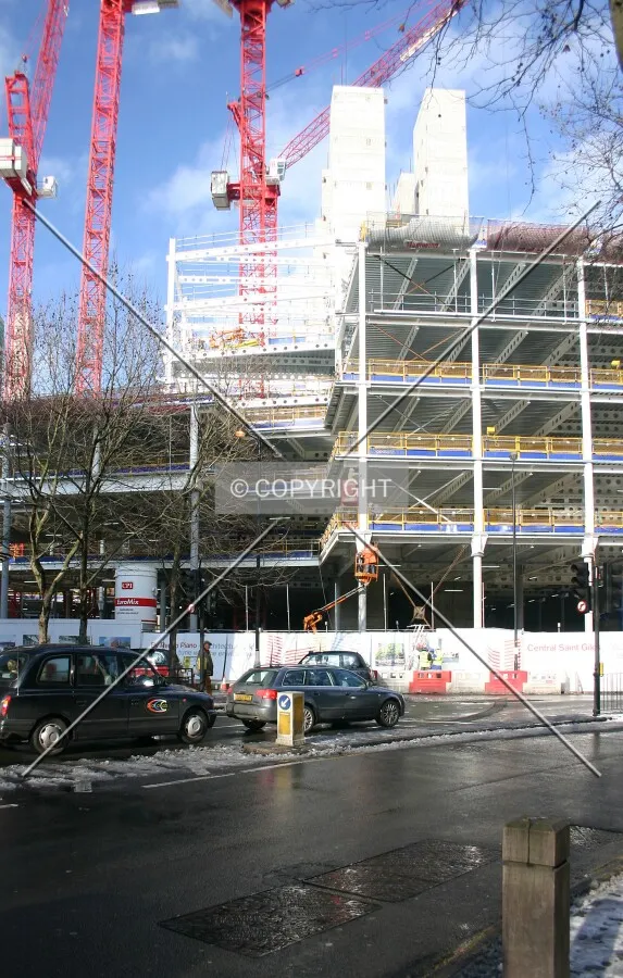 View north of the frame and cores from Shaftesbury Avenue